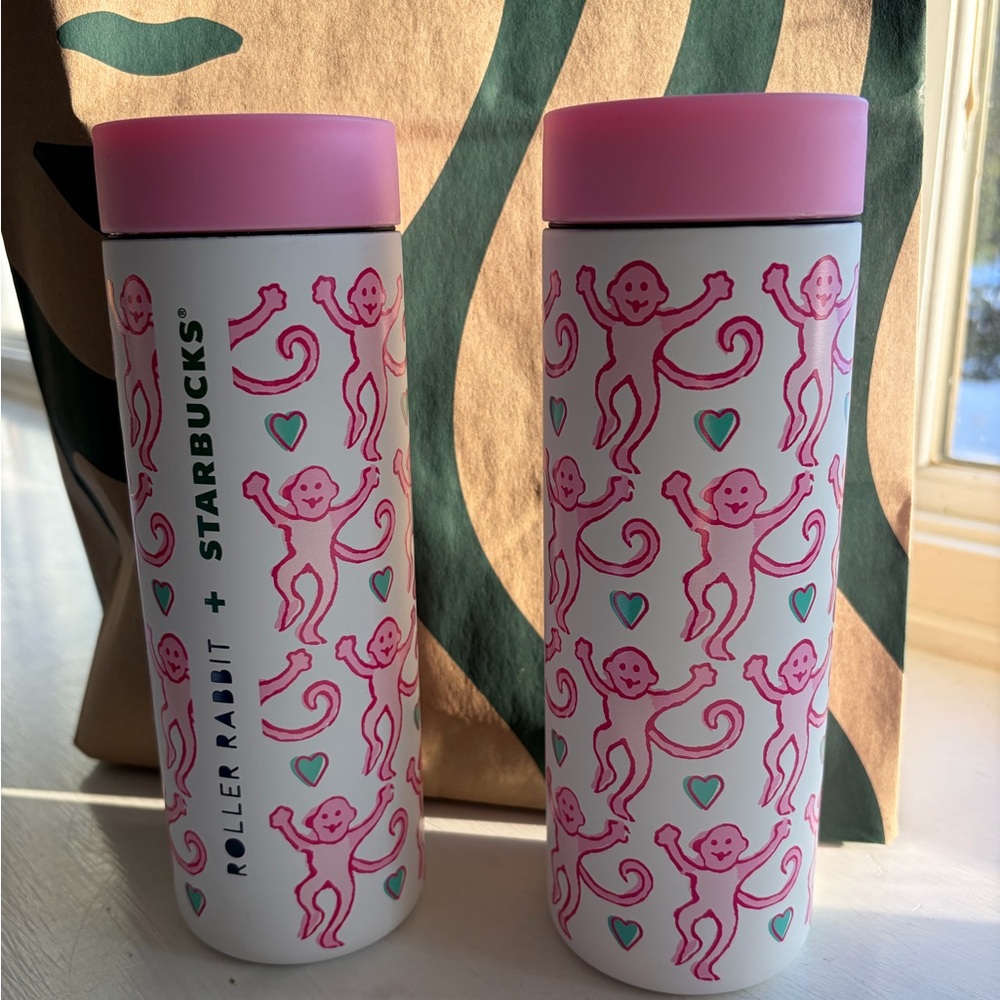 Limited Edition Roller Rabbit x Starbucks Love Monkey Tumblers in Pink & White!